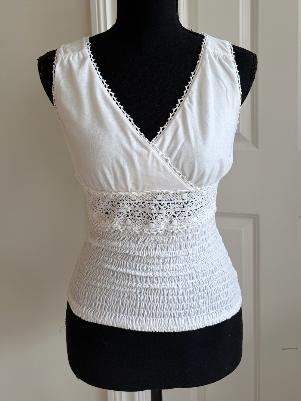 Etcetera White Crochet Smocked Wrap Tank, XS